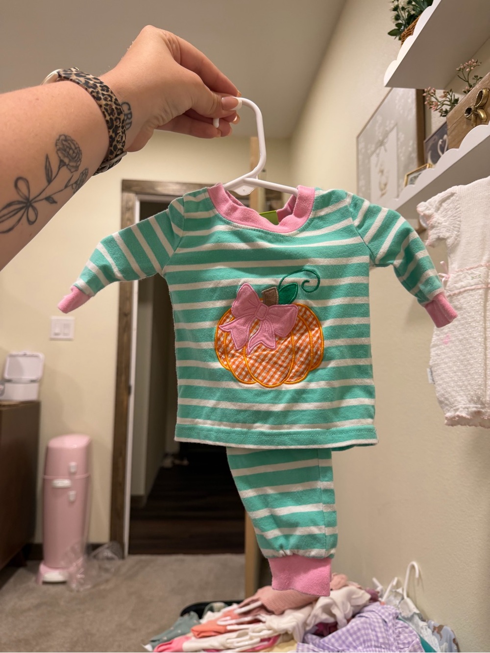Girls Green & Pink Striped Pumpkin Applique Pajama Set